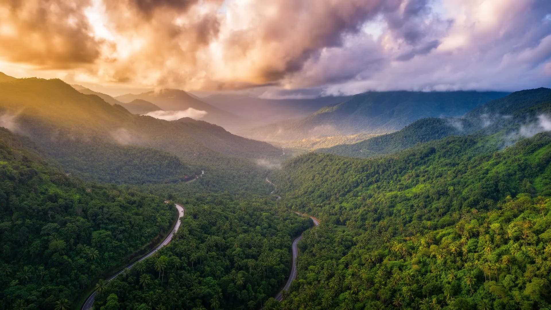A misty green valley with a road winding between forested hills